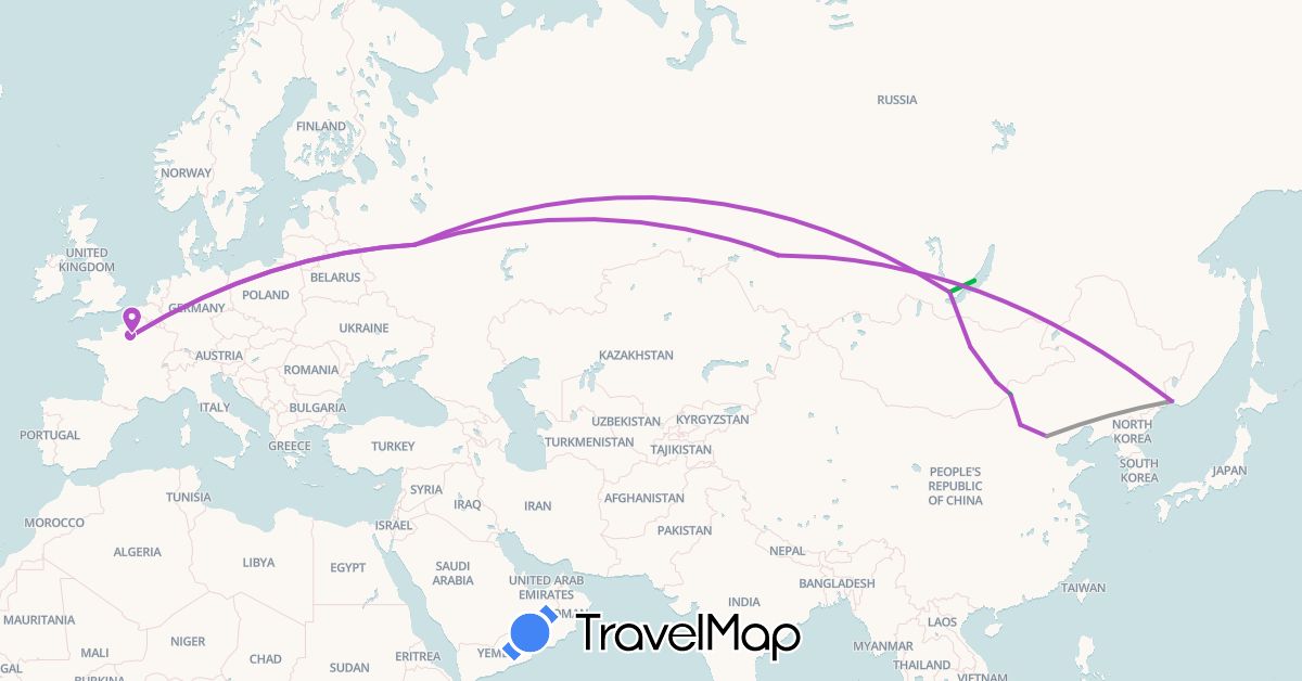 TravelMap itinerary: bus, plane, train in China, France, Mongolia, Russia (Asia, Europe)